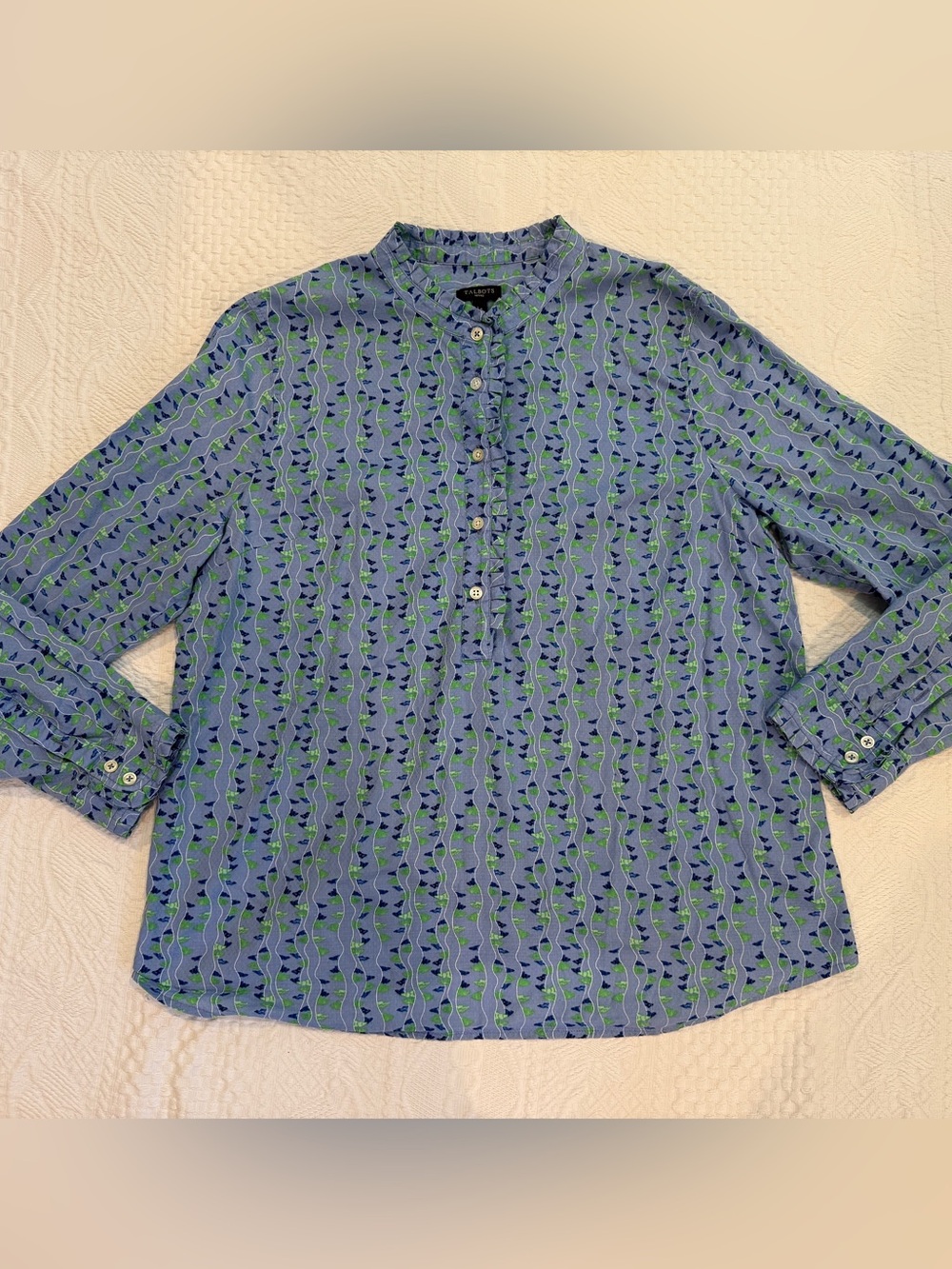 TALBOTS Womens Button Blouse Long Sleeve Blue Green Geometric Ruffle Size LP - Picture 1 of 6